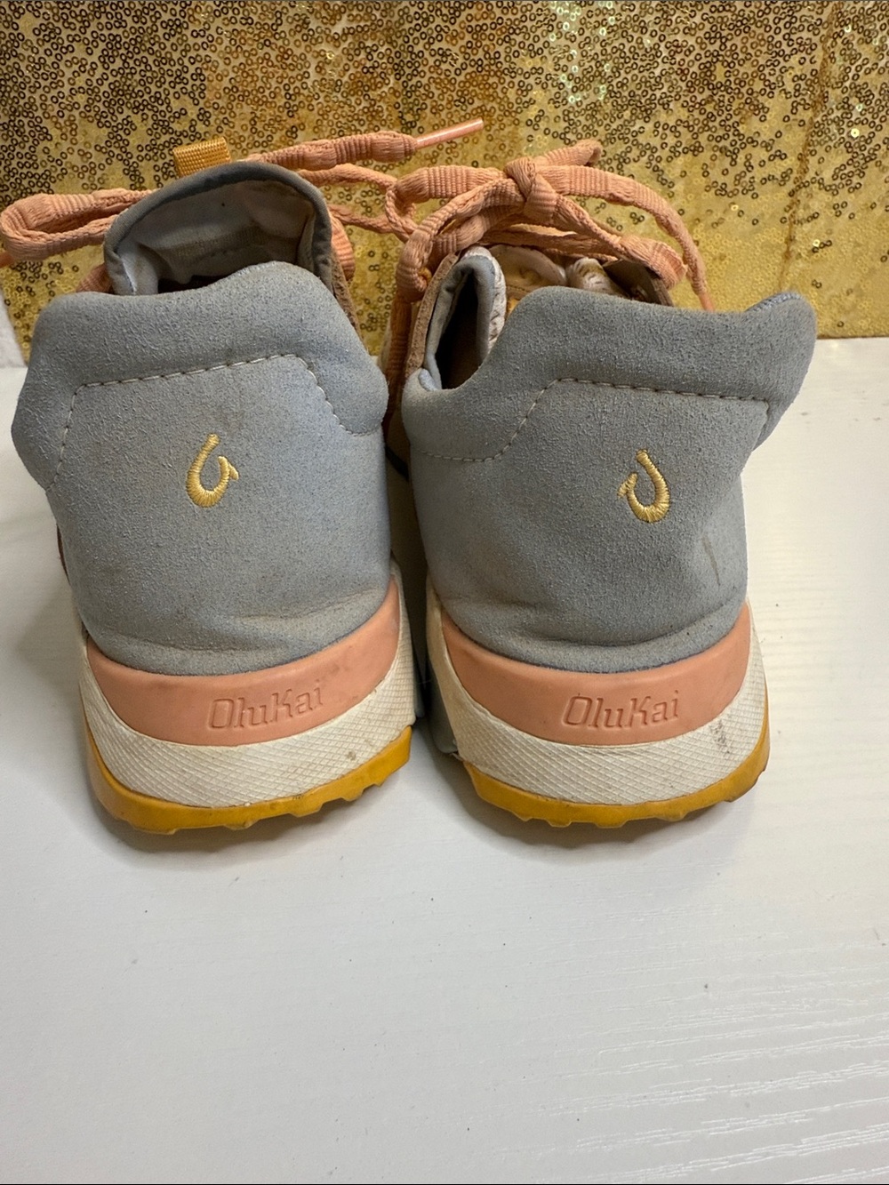 OluKai Women's Wailuku Beige Peach Gray Lace-Up Sneakers - Picture 5 of 8